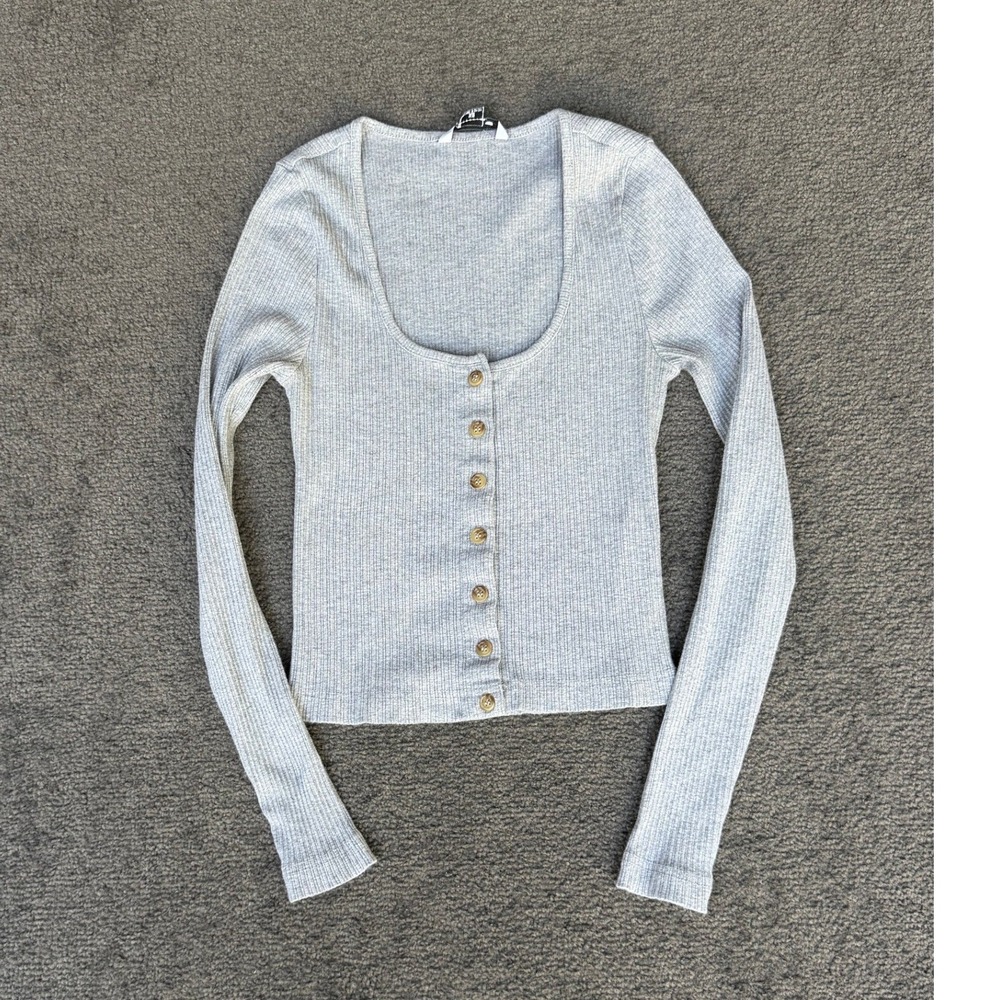 O'Neill Womens Grey Ribbed Knit Button Front Long Sleeve Scoop Neck‎ Top XS